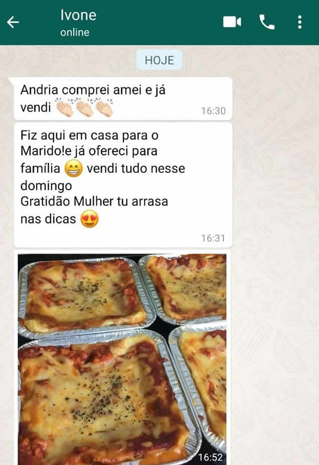 Depoimento de aluna do curso de lasanhas para vender